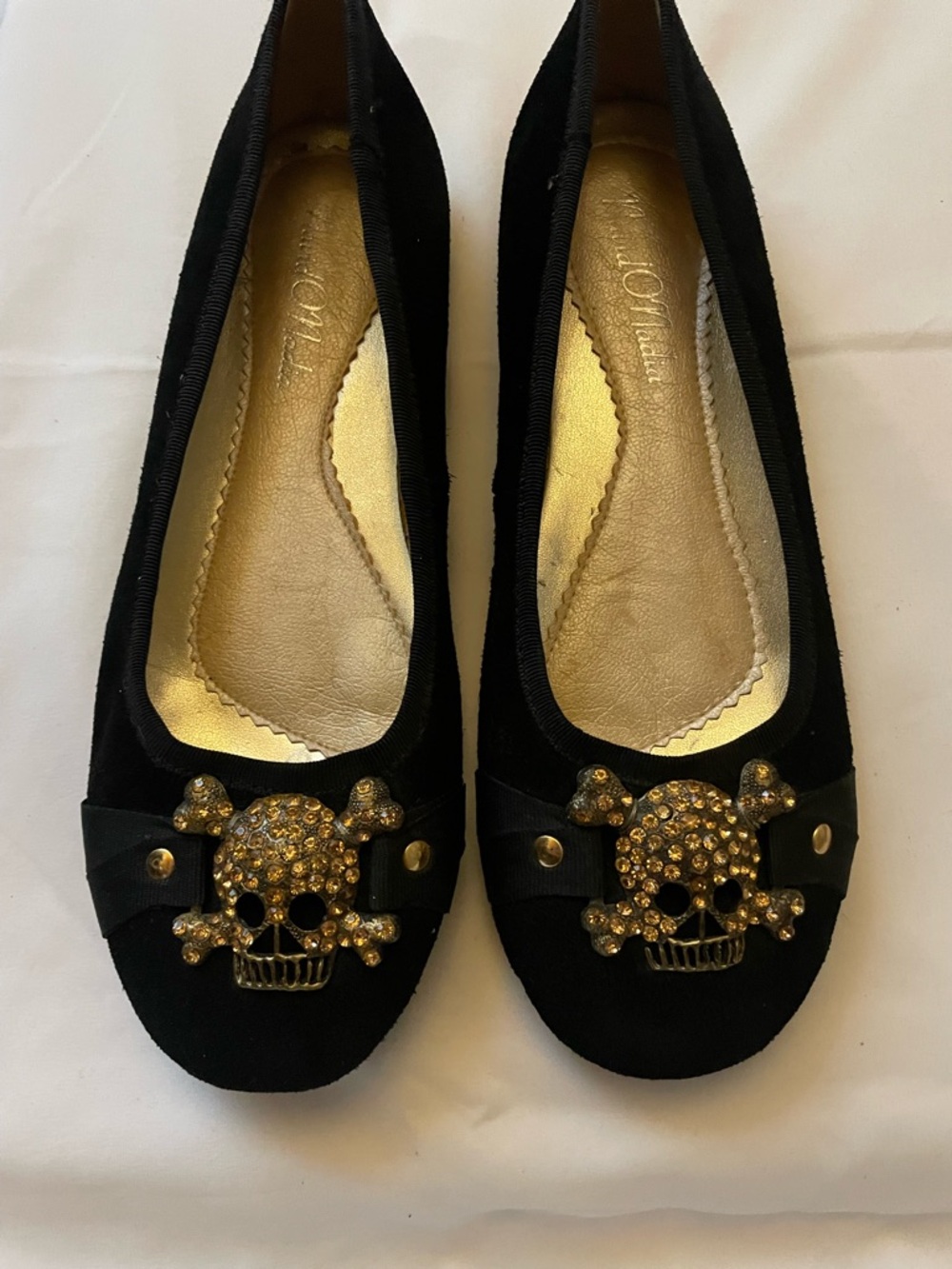 ☠️Navid O Nadia Black Ballet Flats with Gold Crystal Skull Accents☠️ EU39